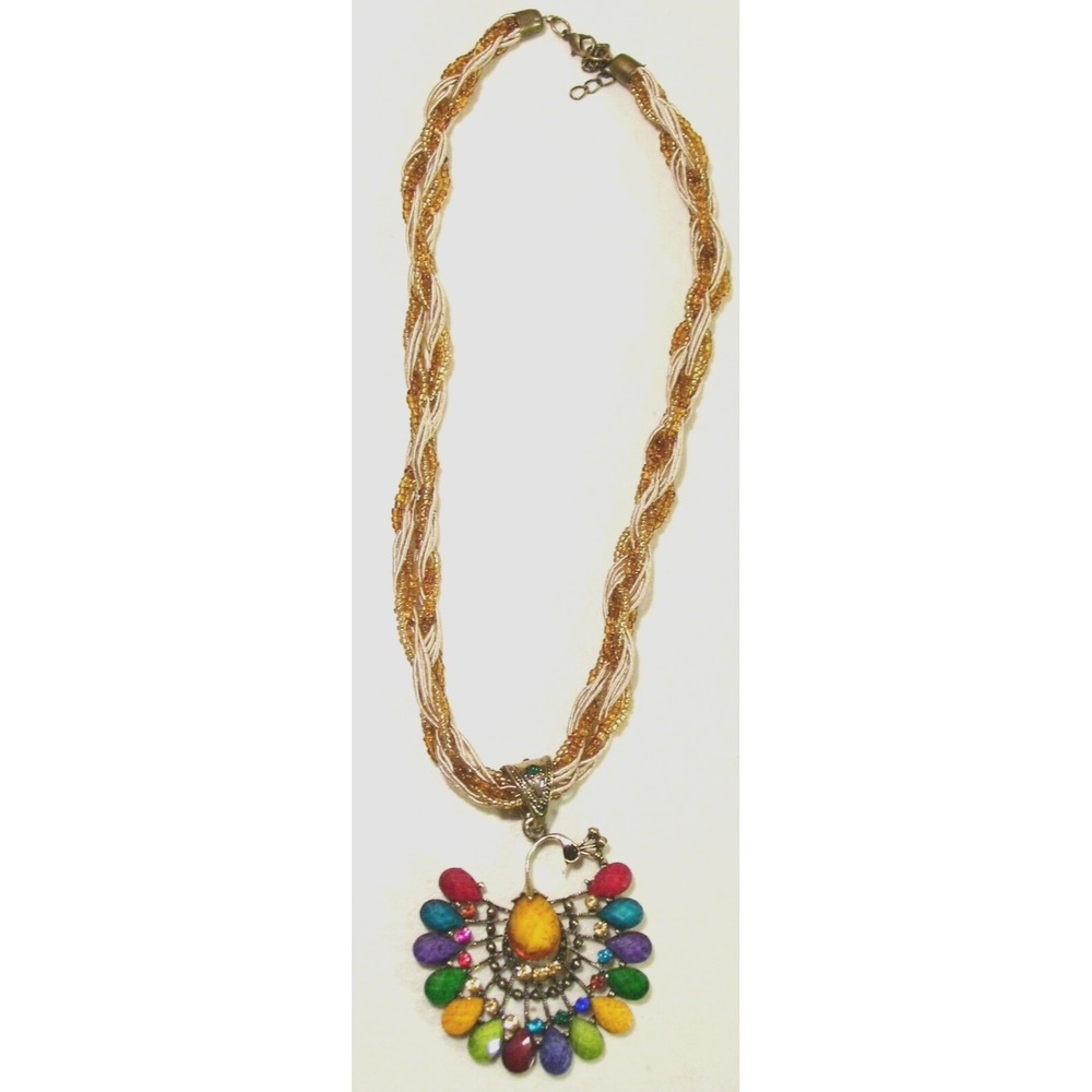 Nwot Women's Multi-Color Peacock Pendant Twist Beaded Necklace